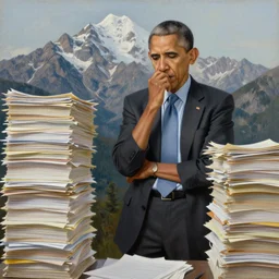 obama nervous standing next to a mountain of papers, oil on canvas, intricate, portrait, 8 k highly professionally detailed, hdr, cgsociety