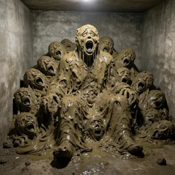 a photograph photo of a gigantic pile of oozing, slimy clay covered in screaming faces, sitting in a concrete cellar
