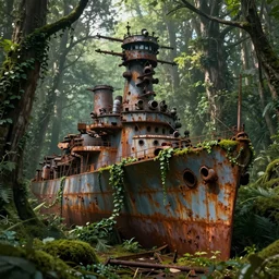 rusty naval dreadnought shipwreck in a lush forest, sci-fi, ivy, moss, trending on artstation, concept art by Ruan Jia and Greg Rutkowski and Sebastian Luca, global illumination