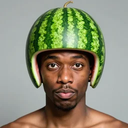 front portrait of a goofy looking neutral emotion black guy with a watermelon fruit helmet that covers only the top of his head by greg rutkowski