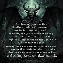whosoever speaketh of cthulhu shall remember that he but seemeth dead ; he sleeps, and yet he does not sleep ; he has died, and yet he is not dead ; asleep and dead though he is, he shall rise again. again, it should be shown that : that is not dead which can eternal lie, and with strange eons even death may die.