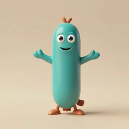 a small turquoise sausage - shaped creature with two outstretched stick - like heads from the front of his body in costume