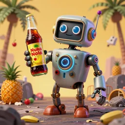 happy soviet robot holding a bottle of delicious pineapple, cherry & banana flavoured nuka cola, post apocalypse, unreal engine, retro futurism, dieselpunk, 3 d art, concept art, highly detailed, pop art, by artgerm and jakub rozalsky