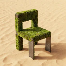chair made of rectangle tetris, made of steel and moss, octane render, trending on artstation, on hard desert sand floor