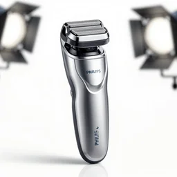 ( philips shaver ) designed by nike, studio photo, white backdrop, studio light, solid works, octane render, macro shot, in focus, dept of field, silver, blue, black design