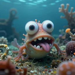 underwater intricate murky seabed with strange cute friendly marine creatures with huge eyes, long tongue, round teeth and funny face appearing from the water, in the style of craola, macro lens, shallow depth of field, highly detailed, digital painting, trending artstation, concept art, illustration, cinematic lighting, vibrant colors, photorealism, epic, octane render