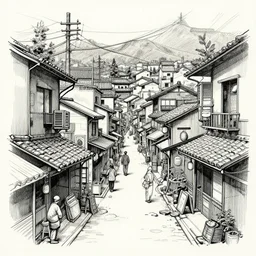 highly detailed sketch of a distorted japanese neighborhood in the style of kim jung gi