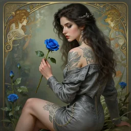 grey jacket tattooed attractive girl sits on a garden holding a blue rose, deep focus, turnaround, fantasy, intricate, elegant, highly detailed, digital painting, artstation, concept art, matte, sharp focus, illustration, hearthstone, art by artgerm and greg rutkowski and alphonse mucha.