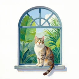 gouache painting of a cat and tropical plants sitting in an arched window, white background, in the style of wolfandbear. co