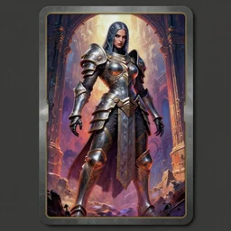 elegant hyper realistic intrincated concept art full body portrait painting, trading card game art, of a translucent muscular dark gritty warhammer lady, wearing ornated armor, vivid color scheme, scary atmospheric lighting, on a ruined heaven gates, in the style of cristian sauret