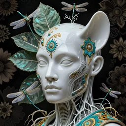 cinema 4d colorful render, dark scene, ultra detailed, of a porcelain white shiny hairless man's face. biomechanical, analog, macro lens, dark light, big leaves and large Dragonflies, stems, roots, fine foliage lace, turquoise gold details, high fashion haute couture, art nouveau fashion embroidered,  intricate details, mesh wire, mandelbrot fractal, anatomical, facial muscles, cable wires, elegant, hyper realistic, in front of dark flower pattern wallpaper, ultra detailed