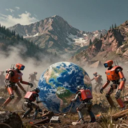 realistic macro photograph of dystopian climate field robots working in Colorado mountains as the earth decays behind them, 8k, unreal 5 engine render, misty, dark, dry, Orwellian, vibrant colors, 25mm film grain Artwork by Simon Stålenhag