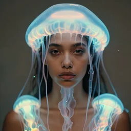 a close - up shot of a brown woman wearing a luminous armor made of neon jelly fishes. jellyfish cap. soft lighting. fragile. haunting eyes!! coherent face!! no makeup!! muted colors. by ray caesar. by louise dahl - wolfe. by andrea kowch. surreal photography