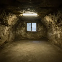 an underground living room, cave walls, fluorescent lighting, underground, dingy, windowless