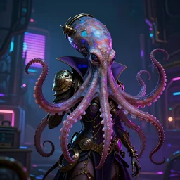 cyberpunk, steampunk, vampire octopus alien person, photorealistic, sci fi fantasy, concept art for video game, professional, neon, retrowave, vaporwave, witchy, cottagecore