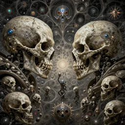 the army of darkness and skulls, fantasy character portrait made of fractals facing each other, ultra realistic, wide angle, intricate details, the fifth element artifacts, highly detailed by peter mohrbacher, hajime sorayama, wayne barlowe, boris vallejo, aaron horkey, gaston bussiere, craig mullins