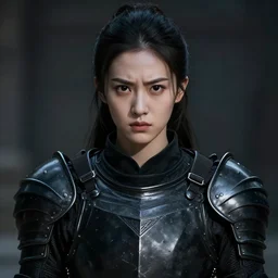 symmetrical portrait photograph of a beautiful young woman wearing black armor, angry eyes, no helmet, cinematic, 200mm prime lens