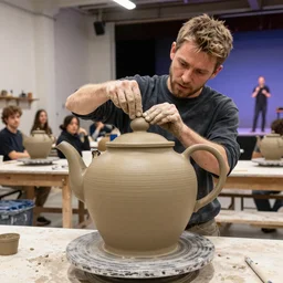 johnny vegas making a very large clay teapot, art school, studio, wet clay, photorealistic, stand up comedy, audience, stage