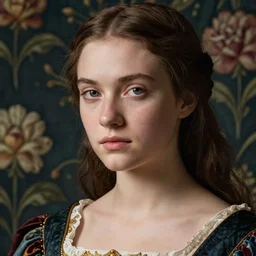 close - up portrait of beautiful androgynous young woman in renaissance dress, background with flowered wallpaper, art by paolo roversi