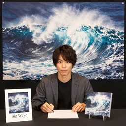 Tatsuro Yamashita attending public signing for his album <Big wave>, realistic, photograph.