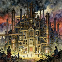 industrial complex, fantasy. intricate, amazing composition, colorful watercolor, by ruan jia, by maxfield parrish, by marc simonetti, by hikari shimoda, by robert hubert, by zhang kechun, illustration, gloomy