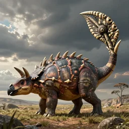 realistic jurassic park scene of ankylosaurus with spikes on its head and side, a back covered with armored plates, and a tail that ended in a massive club of bone with big fat scales, spikes on head. ultra realistic, beautiful terrain, full body shot
