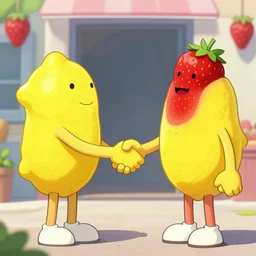 lemon person shaking hands with strawberry person, artstation