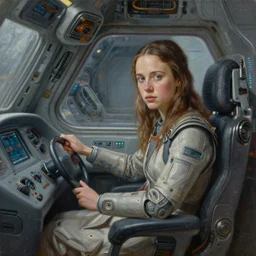a realistic oil painting of a girl resembling alicia vikander or millie bobby brown in a futuristic mechanical spaceship cockpit, highly detailed, intricate, artstation, by donato giancola and monia merlo