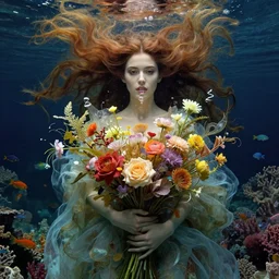 portrait of a beautiful mysterious elven woman holding a bouquet of flowing flowers, hair flowing upwards, small bubbles from her mouth, hands hidden under the bouquet, submerged underwater filled with colorful small fish and coral reef, fantasy, regal, intricate, by stanley artgerm lau, greg rutkowski, thomas kinkade, alphonse mucha, loish, norman rockwell