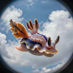 a very cute sea slug angel, by rhads, makoto shinkai and lois van baarle, johannes voss, low angle fisheye view, sky whith plump white clouds, elegant, highly detailed, artstation, 8 k, unreal engine, hdr, concept art, volumetric lighting matte