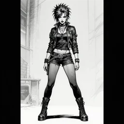 portrait full body of chaos punk rock girl, grayscale comic book artstyle by jack kirby