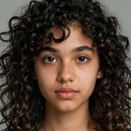 portrait of a young lady with curly black hair with, round face, big brown eyes, picture, hyperrealistic, focused, hyper realistic, ultra detailed, volumetric lighting, 8 k post