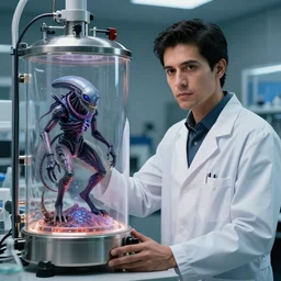 professional shot of a scientist thin ( latino ) male in his biotech lab. with a starcraft's zerg alien inside his bioreactor. from love death and robots ( 2 0 1 9 ). coherent portrait, intricate, elegant, highly detailed, digital photo, trending on artstation, hdr photo, smooth, sharp focus