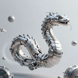 silver metall mechanical floating giant snake in space, clockpunk, giger, by greg rutkowski