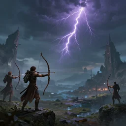 lighting strike\'s archers arrow in the sky , fantasy world, realistic, sci-fi, landscape, character design, concept art,
