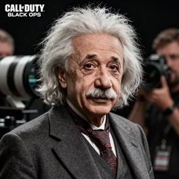 Albert Einstein in Call of Duty Black Ops, highly detailed, high quality, HD, 4k, 8k, Canon 300mm, professional photographer, 40mp, lifelike, top-rated, award winning, realistic, sharp, no blur, edited, corrected, trending