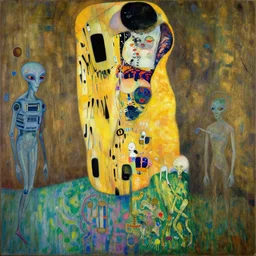 a painting of a aliens and robots by graham sutherland, egon schiele, gustav klimt!, expressionism
