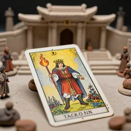 cinestill 5 0 d, 8 k ; esoteric ultrarealistic seinen manga major arcana the magician in ronin ( 1 9 9 0 ) film still temple scene in frontiers in macro clay photography architectural studio june closeup 3 / 4 portrait edition, hyperrealistic real - life flaming tarot card porcelain occult figurine, eye contact, tilt shift wide shot zaha hadid scene background