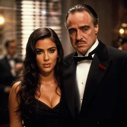 kim kardashian in the godfather as vito corleone movie still, cinematic lighting, ray tracing, octane render, long lens, shallow depth of field, bokeh, anamorphic lens flare, 8 k, hyper detailed, 3 5 mm film grain