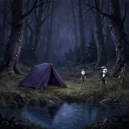 a tent by the river in the deep, remote woods by jamie hewlett, from nightmare before christmas | detailed | elegant | trending on artstation