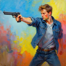 sam hyde in a self - defense situation, oil painting, colorful, vibrant, gun