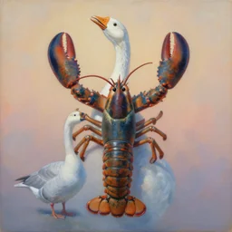 painting of cross between lobster body & goose head, intercrossed animal, by corine perier, by ellen jewett, by ronald ong, anatomy by arne olav gurvin fredriksen, cold hue's, warm tone gradient background, beautiful composition, digital painting