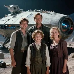 extremely sharply detailed, 7 0 mm film from blockbuster 9 6 k sci fi color movie freeze frame, set 1 8 6 0, family standing in front of crashed spaceship, on alien planet, looking happy, wearing 1 8 5 0 s era clothes, atmospheric lighting, in focus, reflective eyes, - 9 9 9 mm lens, live action, nice composition and photography, clear faces