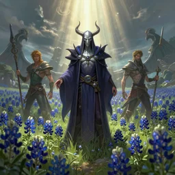 a beautiful and detailed picture of gateway to hades surrounded by a field of bluebonnets, in the style of magic the gathering, highly detailed, digital painting, god rays, volumetric lighting, octane render, 4 k resolution, art by adam paquette and johann bodin and jason rainville