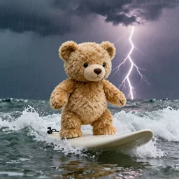 A teddy surfing a high tide in a raining weather with thunderstrokes in background.