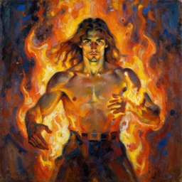 abstract painting of man on fire. Handsome. Long hair. portrait. ArtStation. Impressionist. Soviet era pose