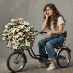 a beautiful 8 k photorealistic masterpiece oil painting, a confused woman choosing between a big pile of cash or a tricycle, hyperrealism, 1 6 k, trending on artstation