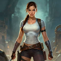 denise richards as lara croft, fantasy art, in the style of artgerm, illustration, epic, fantasy, intricate, hyper detailed, artstation, concept art, smooth, sharp focus, ray tracing, vibrant, photorealistic, simon bisley