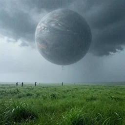 rain storm on an unexplored alien cloud world, green grassy field, ambient dreamy atmosphere, detailed, daylight, by syd mead, john harris, science - fiction, people : - 1, planets : - 1