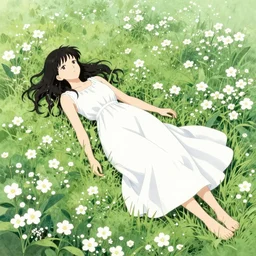 black - haired girl lying in a field of flowers, surrounded by white flowers, the girl is wearing a long white dress, the picture is sacred ， by amano - yoshitaka